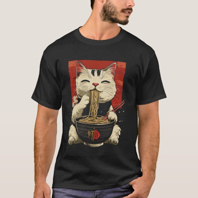 Rolig katt som äter Ramen nudlar T Shirt (Framsida)