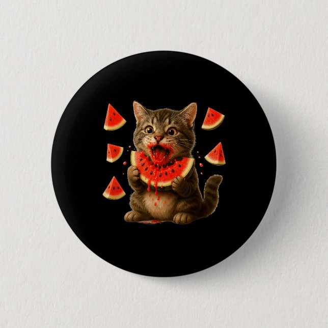 Rolig katt som äter vattenmelon skiva vattenmelon  knapp (Framsida)