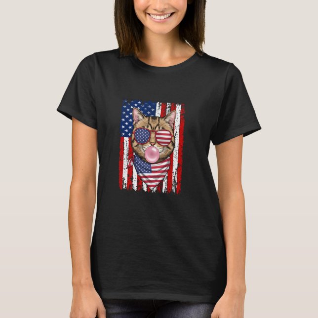 Rolig Katt som Blåser Bubbla 4:e Juli Kattälskare T Shirt (Framsida)