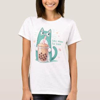 Rolig katt som dricker Boba-tröja, söt Kawaii katt T Shirt