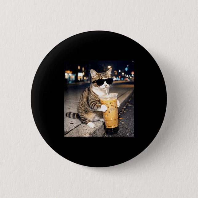 Rolig katt som dricker iskaffe djur meme för män knapp (Framsida)