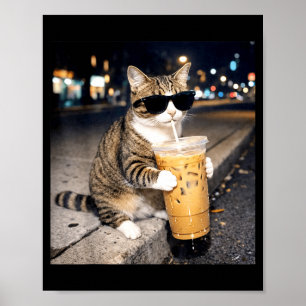 Rolig katt som dricker iskaffe djur meme för män poster