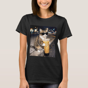 Rolig katt som dricker iskaffe djur meme för män t shirt