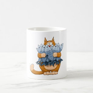 Rolig katt som håller fisk tecknad hungrig katt kaffemugg