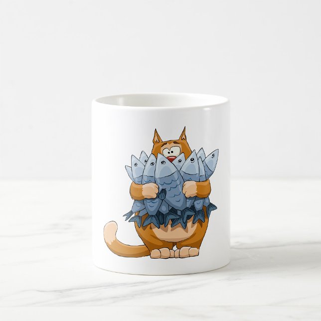 Rolig katt som håller fisk tecknad hungrig katt kaffemugg (Skapare uppladdad)