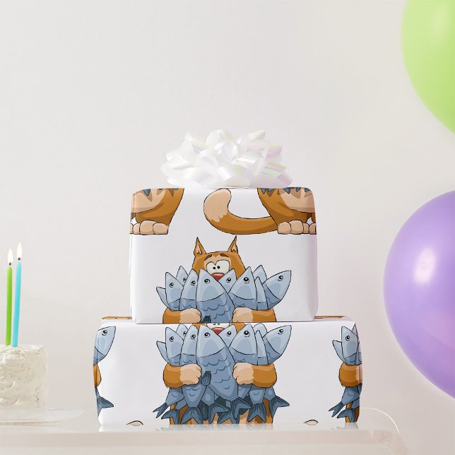 Rolig katt som håller fisk tecknad hungrig katt presentpapper (Skapare uppladdad)