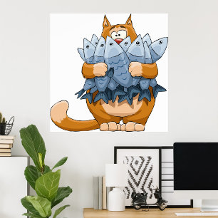 Rolig katt som håller fisk tecknad hungrig kattung poster