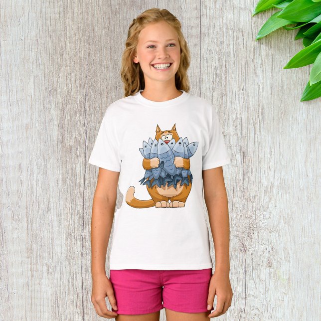 Rolig katt som håller fisk tecknad hungrig kattung t shirt (Skapare uppladdad)