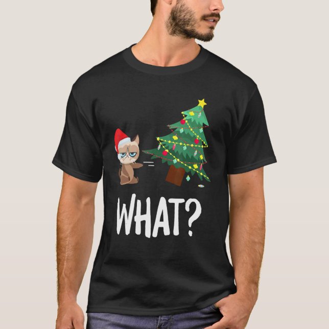 Rolig katt som knuffar julgranen t shirt (Framsida)