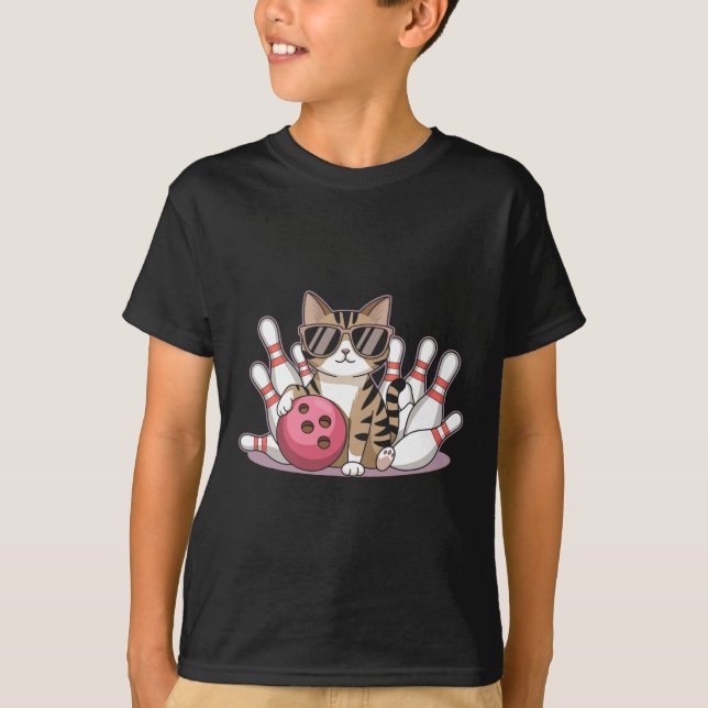 Rolig katt som spelar bowling cool katt med solgla t shirt (Framsida)