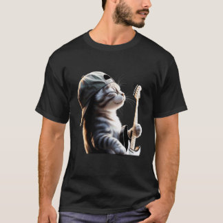 Rolig katt som spelar elgitarr akustisk för män t shirt