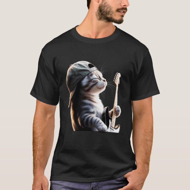 Rolig katt som spelar elgitarr akustisk för män t shirt (Framsida)