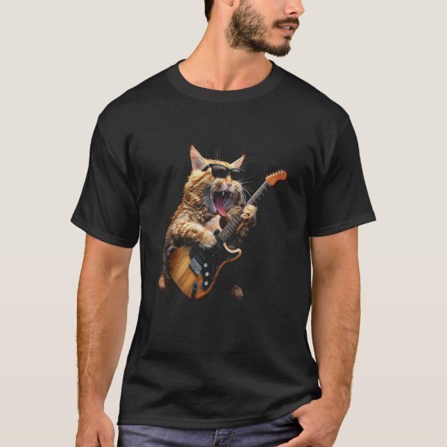 Rolig Katt som Spelar Elgitarr Rock N Roll Katt T Shirt (Framsida)