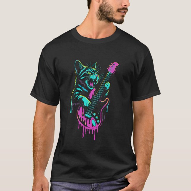 Rolig katt som spelar gitarr Rock and Roll Drip Re T Shirt (Framsida)