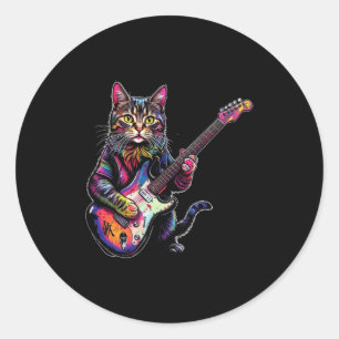 Rolig Katt som Spelar Gitarr Rock And Roll Gåvor M Runt Klistermärke