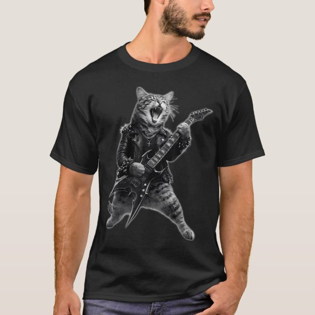 Rolig katt som spelar gitarr Rock 'N Roll-musik T Shirt (Framsida)