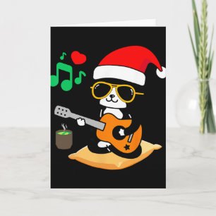 Rolig katt som spelar gitarr Sungles tomtehatt jul Kort