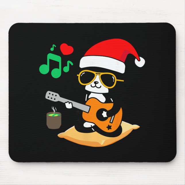Rolig katt som spelar gitarr Sungles tomtehatt jul Musmatta (Framsidan)