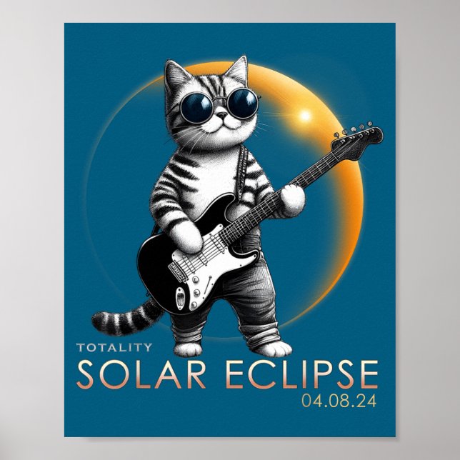 Rolig Katt som Spelar Gitarr Total Solförmörkelse Poster (Framsidan)