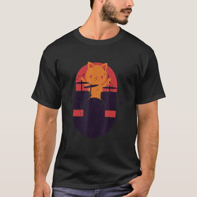 Rolig Katt som Trummar Drumpaket Trummis Present T Shirt (Framsida)