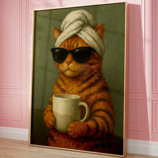 Rolig Katt Spa Väggkonst, Present till Kattälskare Poster (Cat Coffee Art)