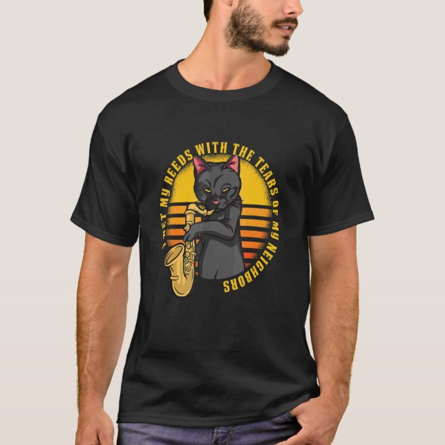 Rolig Katt Spelar Saxofon T Shirt (Framsida)