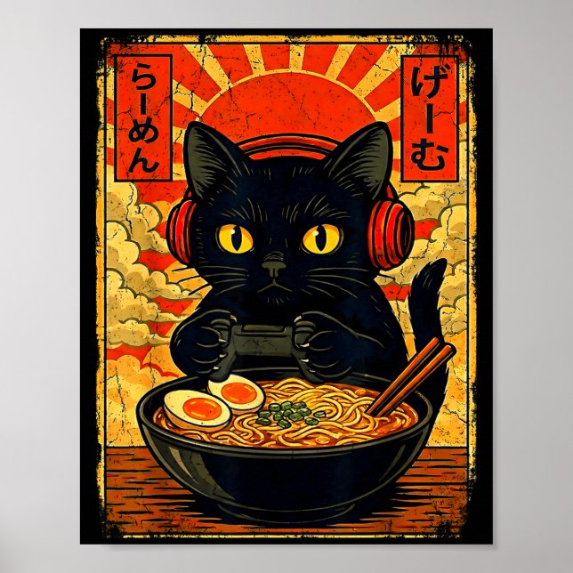Rolig katt spelare män anime Kawaii spel headset C Poster (Framsidan)