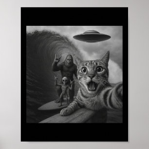 Rolig katt surfing selfie med ufo jättevåg utomjor poster