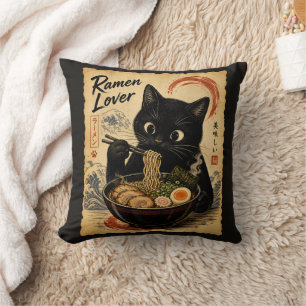 Rolig Katt Svart Ramen Japansk Konststil Kudde