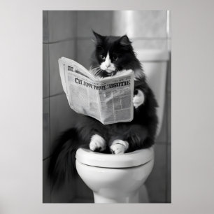 Rolig katt tidningstryck, Whimsical badrumsvägg Poster