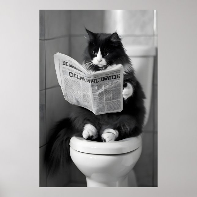 Rolig katt tidningstryck, Whimsical badrumsvägg Poster (Framsidan)