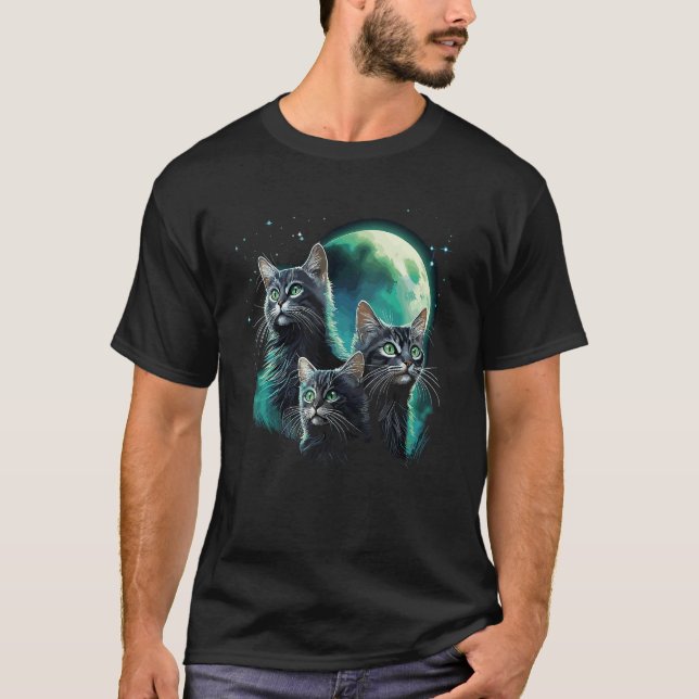 Rolig Katt, Tre Katter Måne T Shirt (Framsida)