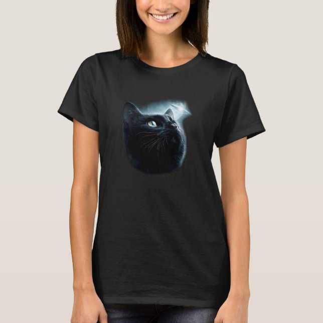 Rolig Katt UFO Rymden Måne T Shirt (Framsida)