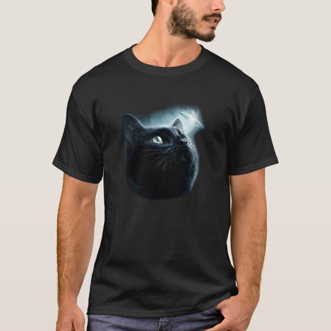 Rolig Katt UFO Rymden Måne T Shirt (Framsida)