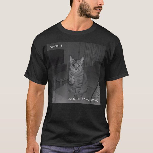 Rolig Katt Vänder Ut Mittfinger På Säkerhetskamera T Shirt (Framsida)
