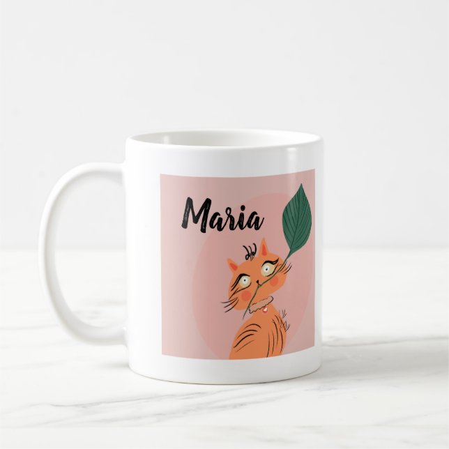 Rolig katt växt blad seriefigur kaffemugg (Vänster)