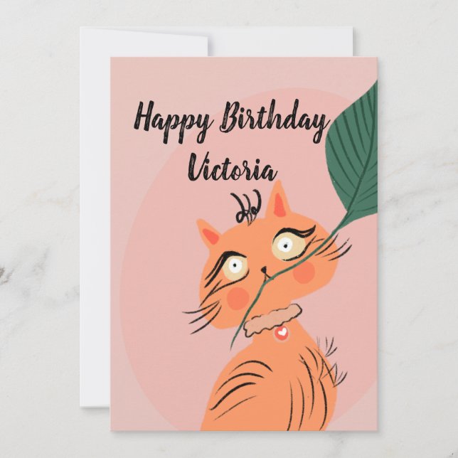 Rolig Katt Växtblad Tecknad Födelsedag Inbjudningar (Framsida)