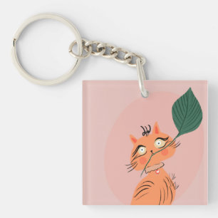 Rolig Katt Växtblad Tecknad Serie