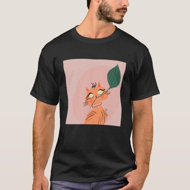 Rolig Katt Växtblad Tecknad Serie T Shirt (Framsida)