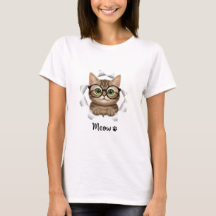 Rolig Kattälskar-T-shirt med Glasögon - Damkläder T Shirt