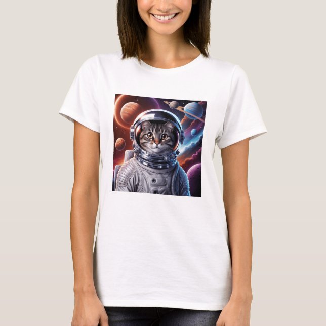 Rolig Kattastronaut I Rymden T Shirt (Framsida)
