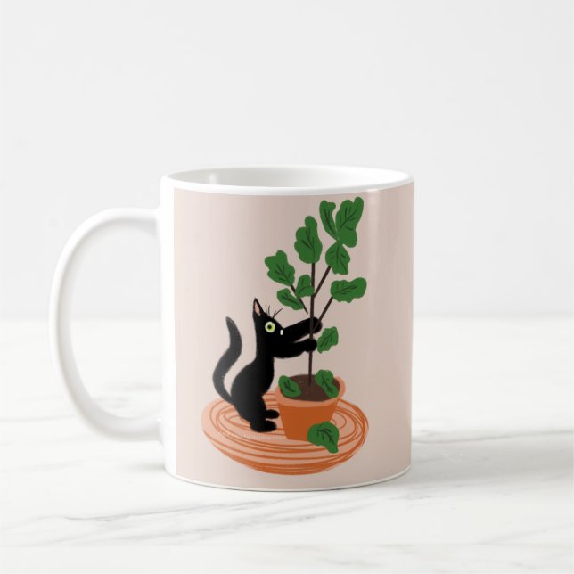 Rolig kattfikonträd krukväxter handritade     kaffemugg (Vänster)