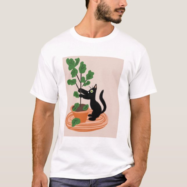 Rolig kattfikonträd krukväxter handritade    t shirt (Framsida)