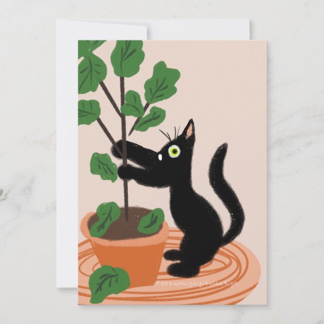 Rolig kattfikus Krukväxter Handritat Kort (Framsida)