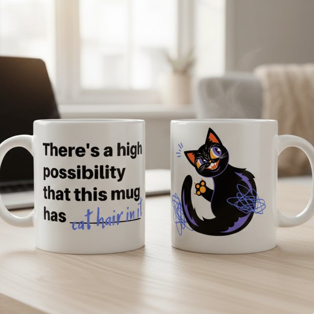 Rolig kattpäls i den fräcka svarta katten kaffemug kaffemugg (Skapare uppladdad)