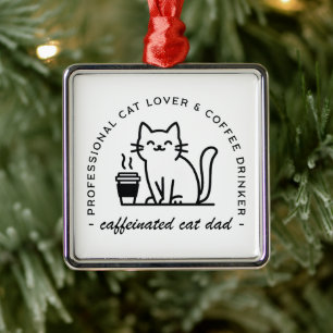 Rolig kattpappa och kaffehipster-estetik julgransprydnad metall