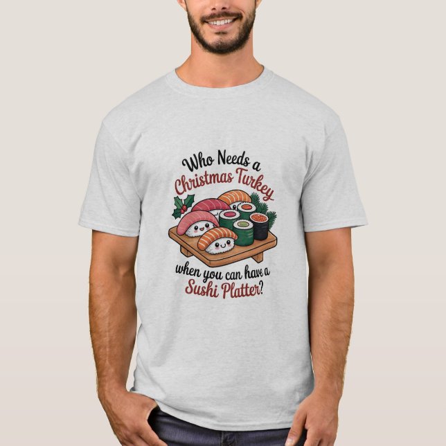 Rolig Kawaii jul Sushi Servering T Shirt (Framsida)