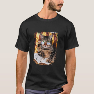 Rolig Kitty Katt med Glasögon som Läser en Bok Vin T Shirt