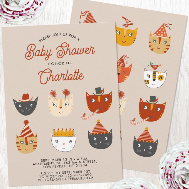 Rolig Kitty Katt Personlig Babyfest Inbjudningar (Personalized cute kitty cat gendern neutral boy or girl baby shower invitation)