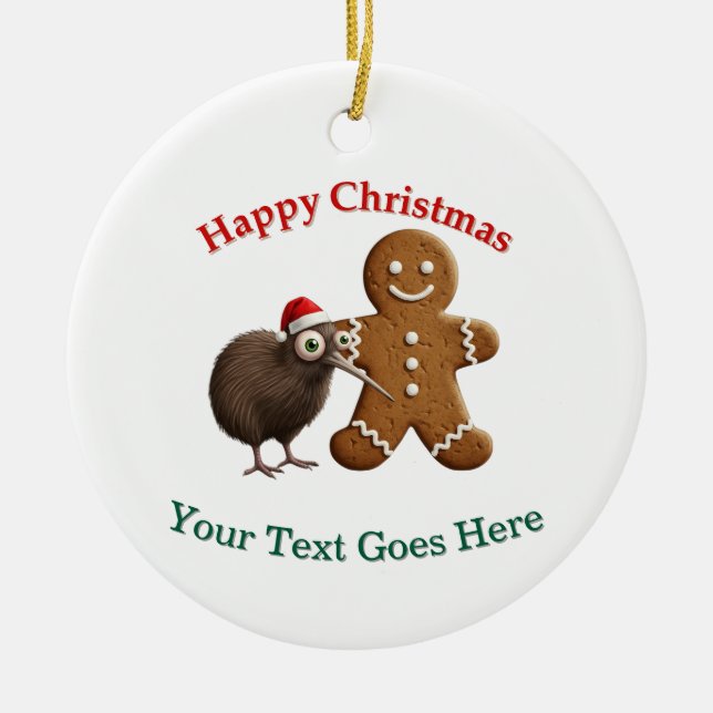 Rolig Kiwi-fågel i tomteluva & pepparkaksgubbe  Julgransprydnad Keramik (Framsidan)
